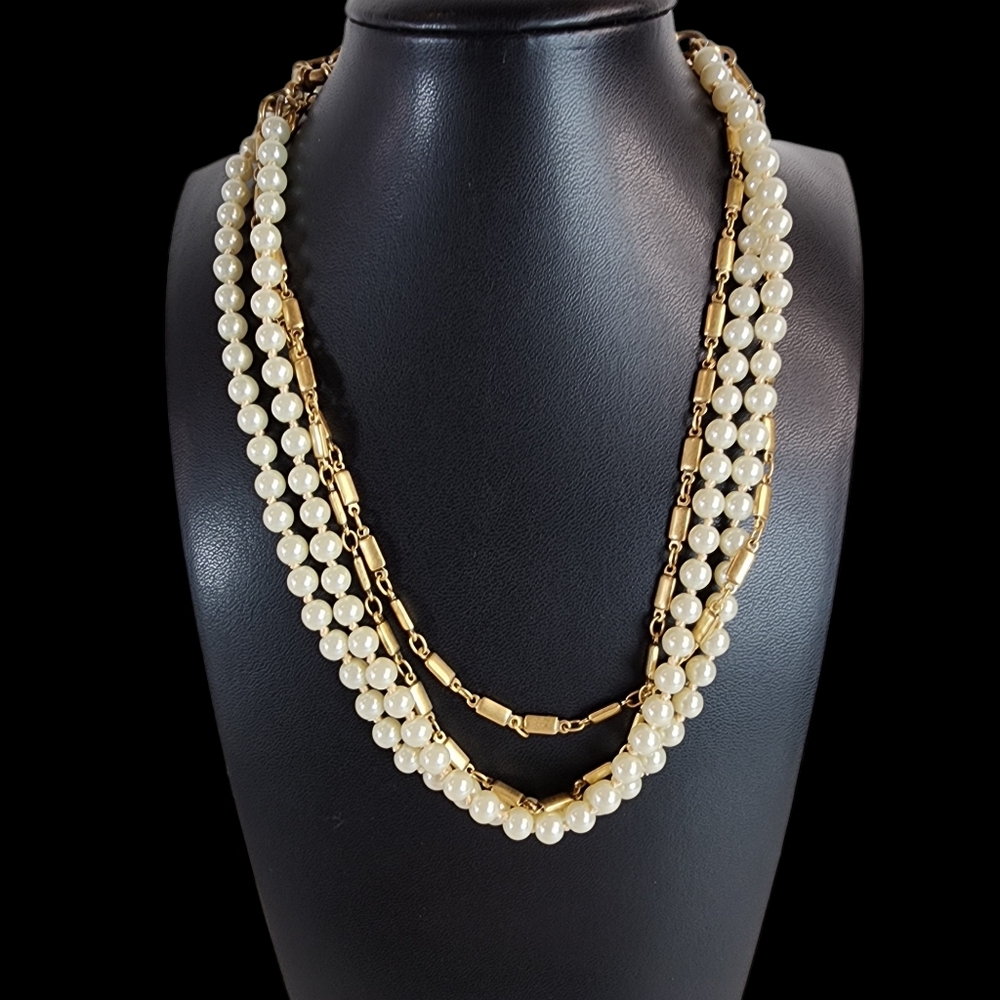 J. Crew long necklace dainty chain gold hand knotted faux pearls double strand
